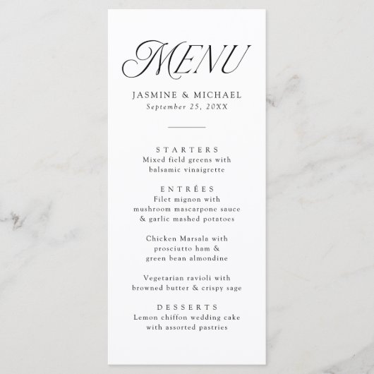 Modern Elegant Zwart Typografie Bruiloft Menu (Voorkant)