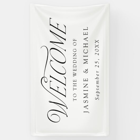 Modern Elegant Zwart Typografie Bruiloft Welkom Spandoek (Verticaal)