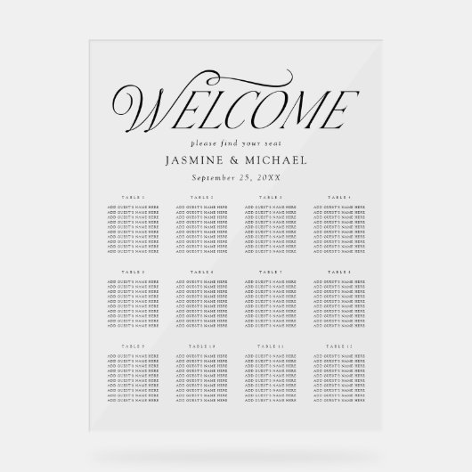 Modern Elegant Zwart Typografie Zitkaart Acryl Bord (Voorkant)