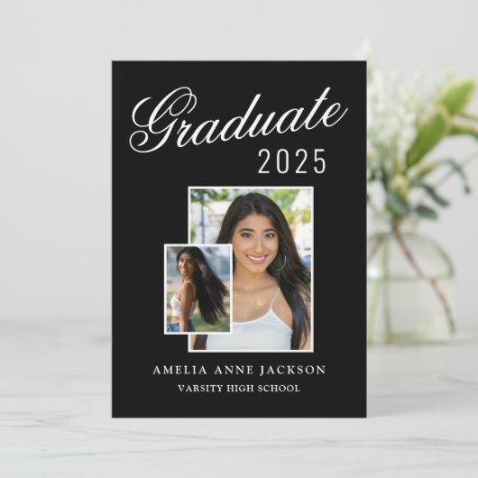 Modern Elegant Zwart & Wit 2025 Afstuderen Foto Aankondiging (Staand voorkant)