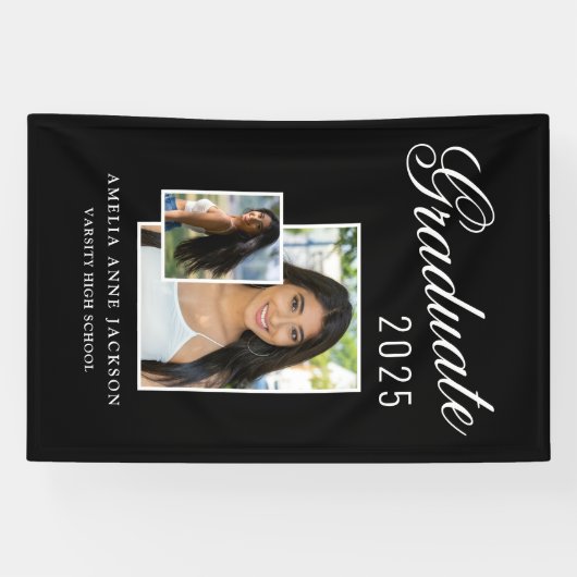 Modern Elegant Zwart & Wit 2025 Afstuderen Foto Spandoek (Horizontaal)