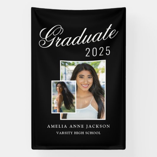 Modern Elegant Zwart & Wit 2025 Afstuderen Foto Spandoek (Verticaal)