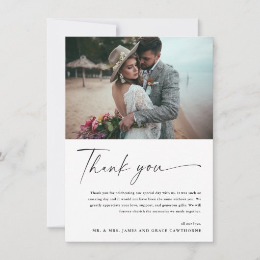 Modern Elegant Zwart-wit 2 foto bruiloft Bedankkaart (Voorkant)