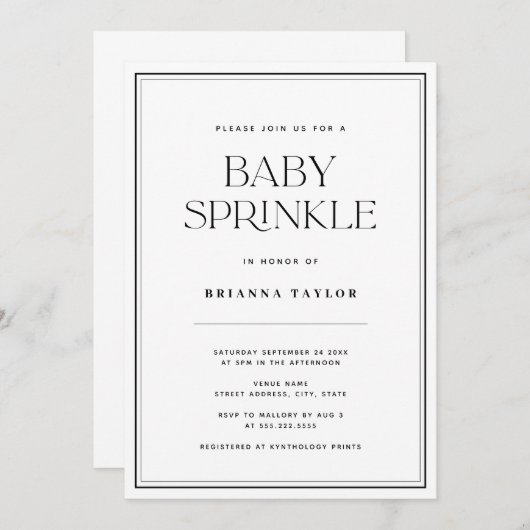 Modern Elegant Zwart & Wit Baby Sprinkle Kaart (Voorkant / Achterkant)