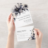 Modern Elegant Zwart Wit Bloemen Bruiloft All In One Uitnodiging (Afscheurbaar)