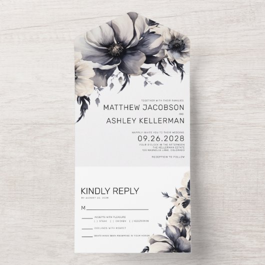 Modern Elegant Zwart Wit Bloemen Bruiloft All In One Uitnodiging (Binnen)