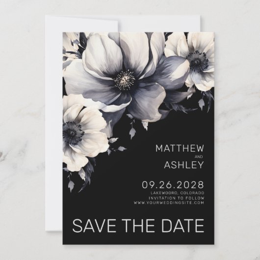 Modern Elegant Zwart Wit Bloemen Bruiloft Save The Date (Voorkant)