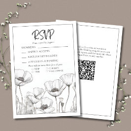 Modern Elegant Zwart Wit Bloemen Poppies Bruiloft RSVP Kaartje