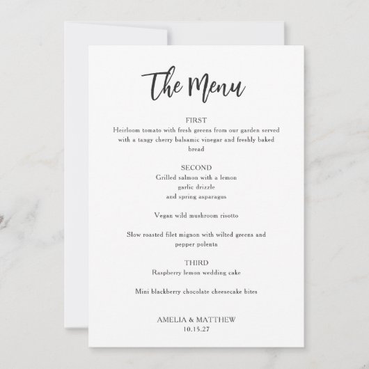 Modern Elegant Zwart-Wit Bruiloft Menu Kaart (Voorkant)