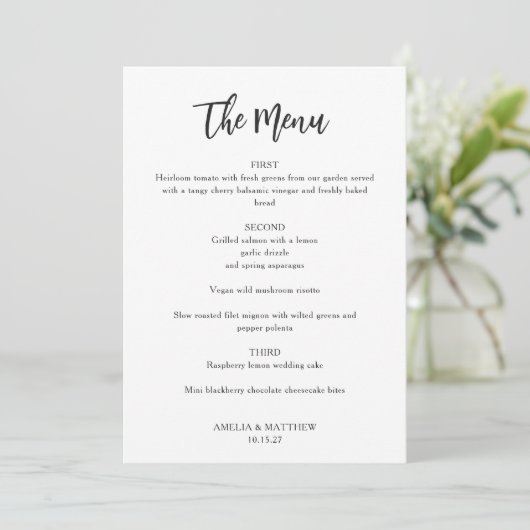 Modern Elegant Zwart-Wit Bruiloft Menu Kaart (Staand voorkant)