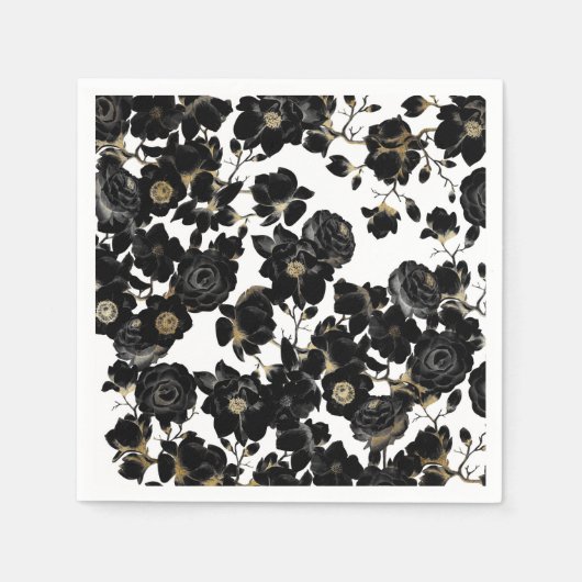 Modern Elegant Zwart Wit en Goud Bloemen Patroon Servet (Voorkant)