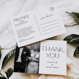Modern Elegant Zwart Wit Foto Bruiloft Dank u Briefkaart