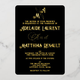 Modern Elegant Zwart & Wit Goud Gestreepte Bruilof Folie Uitnodiging