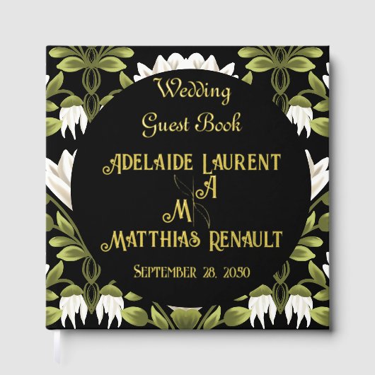 Modern Elegant Zwart & Wit Goud Gestreepte Bruilof Gastenboek (Voorkant)