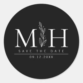 Modern Elegant Zwart & Wit Monogram Bruiloft Ronde Sticker