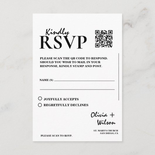 Modern Elegant Zwart & Wit QR Code Huwelijk RSVP Informatiekaartje (Achterkant)