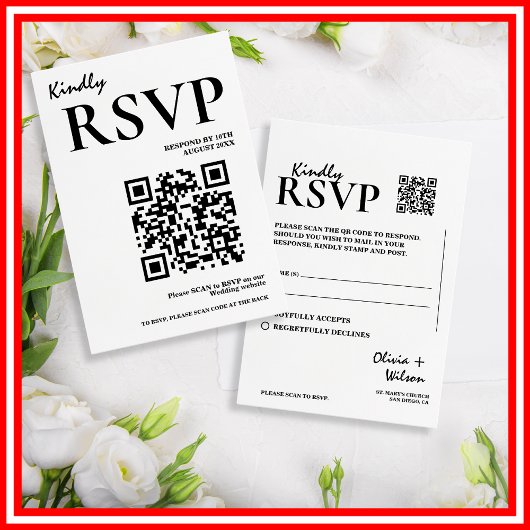 Modern Elegant Zwart & Wit QR Code Huwelijk RSVP Informatiekaartje