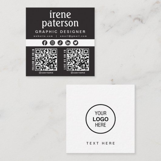 Modern Elegant Zwart Wit QR Code Social Media Vierkante Visitekaartje (Voorkant / Achterkant)