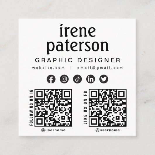 Modern Elegant Zwart Wit QR Code Social Media Vierkante Visitekaartje (Voorkant)