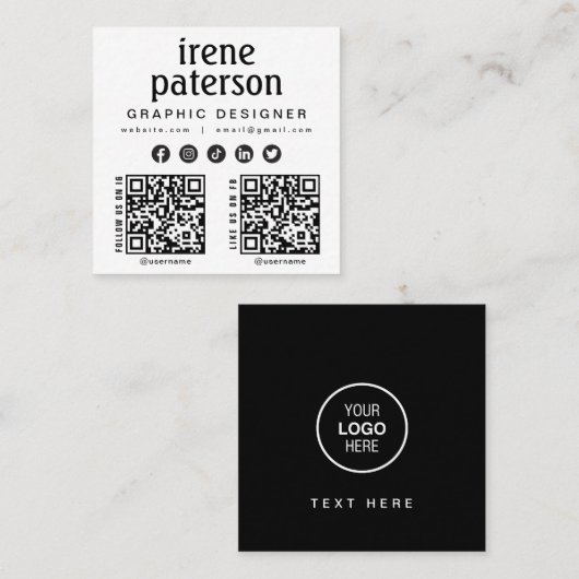Modern Elegant Zwart Wit QR Code Social Media Vierkante Visitekaartje (Voorkant / Achterkant)