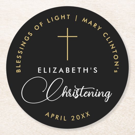 Modern Elegant Zwart Wit Religieus Gouden Kruis Ronde Kartonnen Onderzetter (Voorkant)