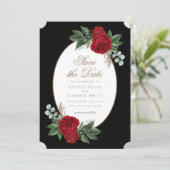 Modern Elegant Zwart & Wit Rood Bloemen Bruiloft Save The Date (Staand voorkant)