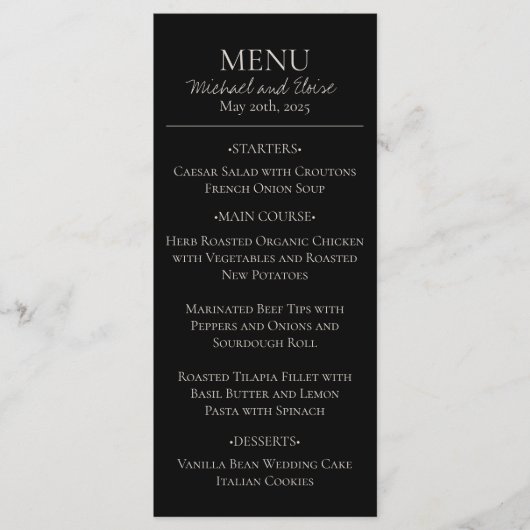Modern Elegant Zwart-Wit Trouwdiner Menu (Voorkant)