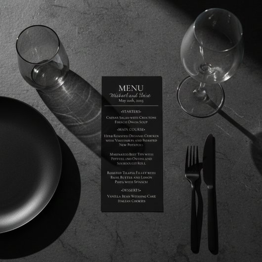 Modern Elegant Zwart-Wit Trouwdiner Menu
