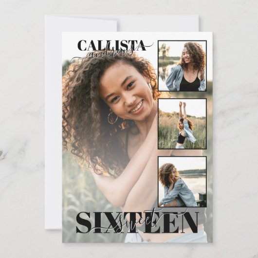 Modern Elegant Zwart Wit Vier Foto Zoet 16 Kaart (Voorkant)