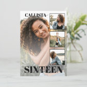 Modern Elegant Zwart Wit Vier Foto Zoet 16 Kaart (Staand voorkant)