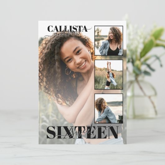 Modern Elegant Zwart Wit Vier Foto Zoet 16 Kaart (Staand voorkant)