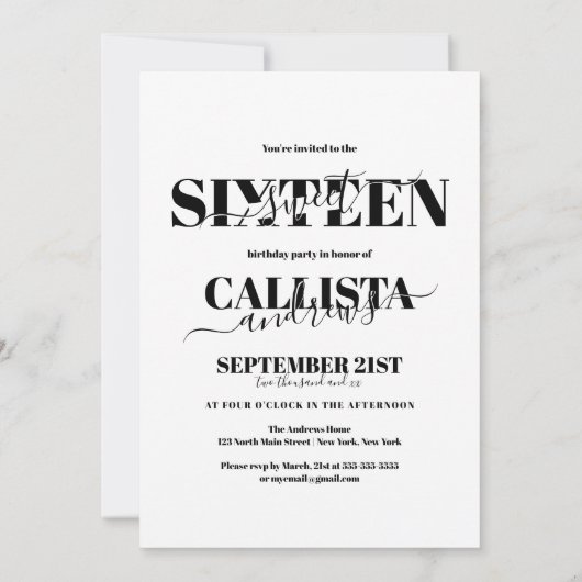 Modern Elegant Zwart Wit Vier Foto Zoet 16 Kaart (Achterkant)