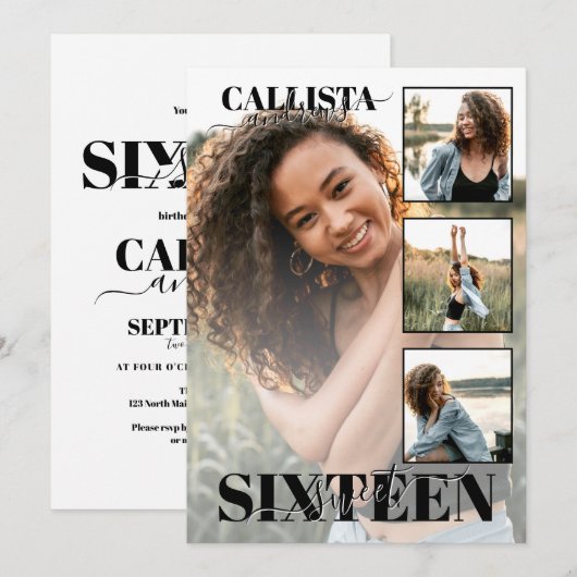 Modern Elegant Zwart Wit Vier Foto Zoet 16 Kaart (Voorkant / Achterkant)