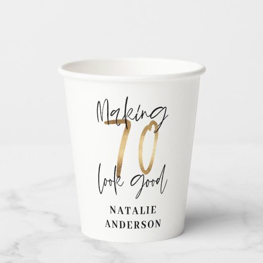 modern elegant zwarte en gouden 70e verjaardag papieren bekers (Achterkant)