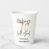 modern elegant zwarte en gouden 70e verjaardag papieren bekers (Voorkant)