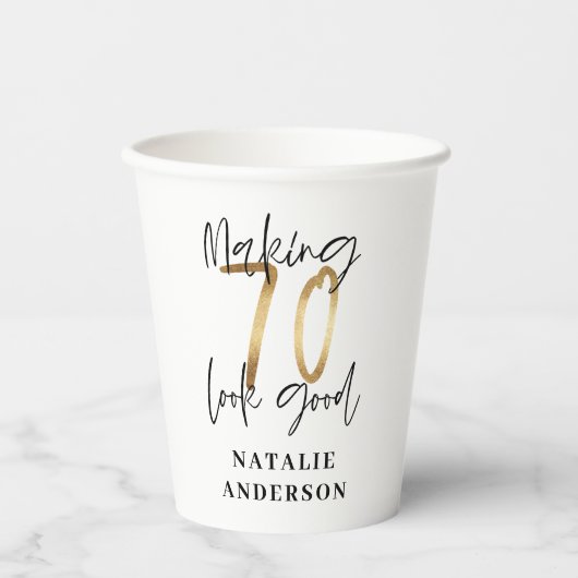 modern elegant zwarte en gouden 70e verjaardag papieren bekers (Voorkant)