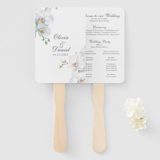 Modern Eleganta Witte Orchideeën Huwelijksprogramm Handwaaier (Voorkant en achterkant)