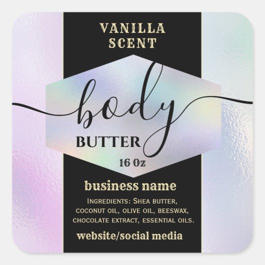 Modern elegante holografische script body butter l vierkante sticker (Voorkant)