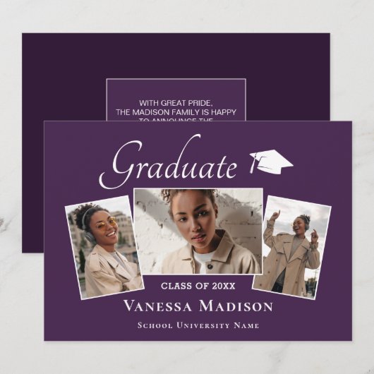 Modern | Elegante Paarse 3 Foto Afstudeerfoto Aankondiging (Voorkant / Achterkant)