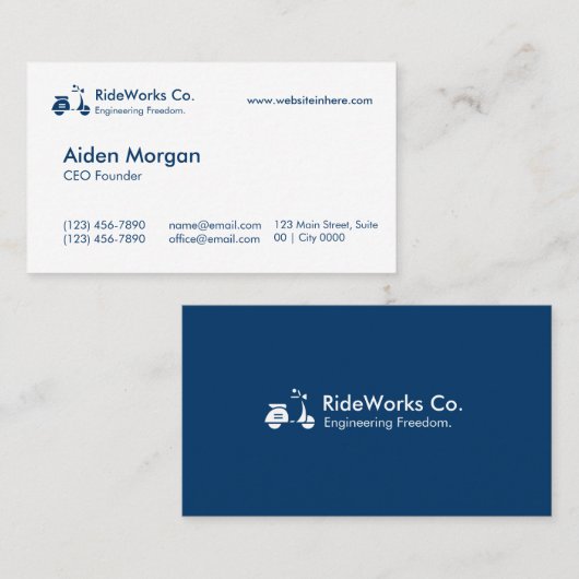 Modern Elegante RideWorks Co Schoon Wit Diep Navy Visitekaartje (Voorkant / Achterkant)