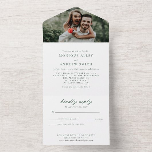 Modern Elegante Trouwkaart Sage Groene Script All In One Uitnodiging (Binnen)