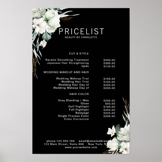 Modern, elegante witte bloemen , prijstlijst poster (Voorkant)