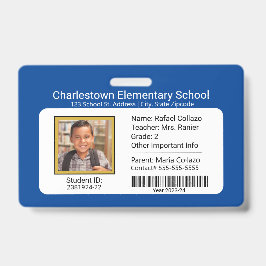 Modern Elementary School Student ID Badge blauw
