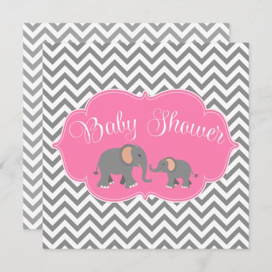 Modern Elephant Chevron Pink Grey Baby shower Kaart (Voorkant / Achterkant)