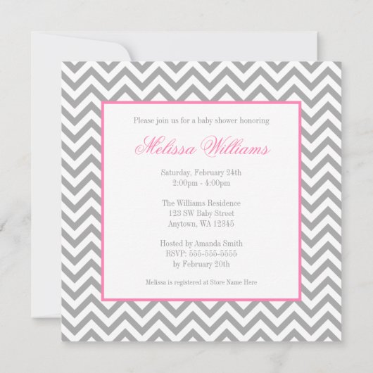 Modern Elephant Chevron Pink Grey Baby shower Kaart (Achterkant)