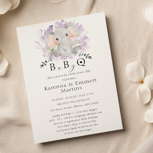 Modern Elephant Floral Baby-Q BBQ Baby shower Kaart
