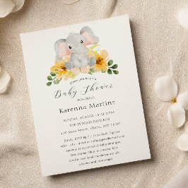 Modern Elephant Floral Script Baby shower Kaart