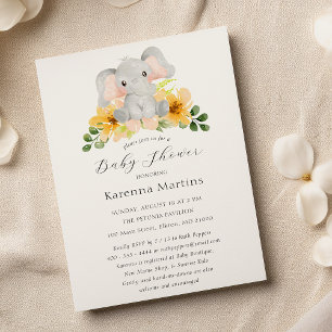 Modern Elephant Floral Script Baby shower Kaart