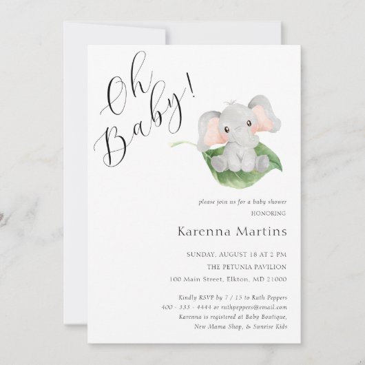 Modern Elephant Greenery Oh Baby shower Kaart (Voorkant)