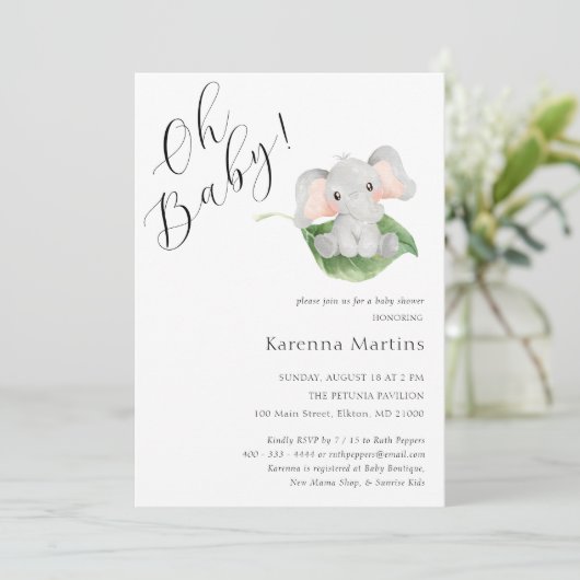 Modern Elephant Greenery Oh Baby shower Kaart (Staand voorkant)